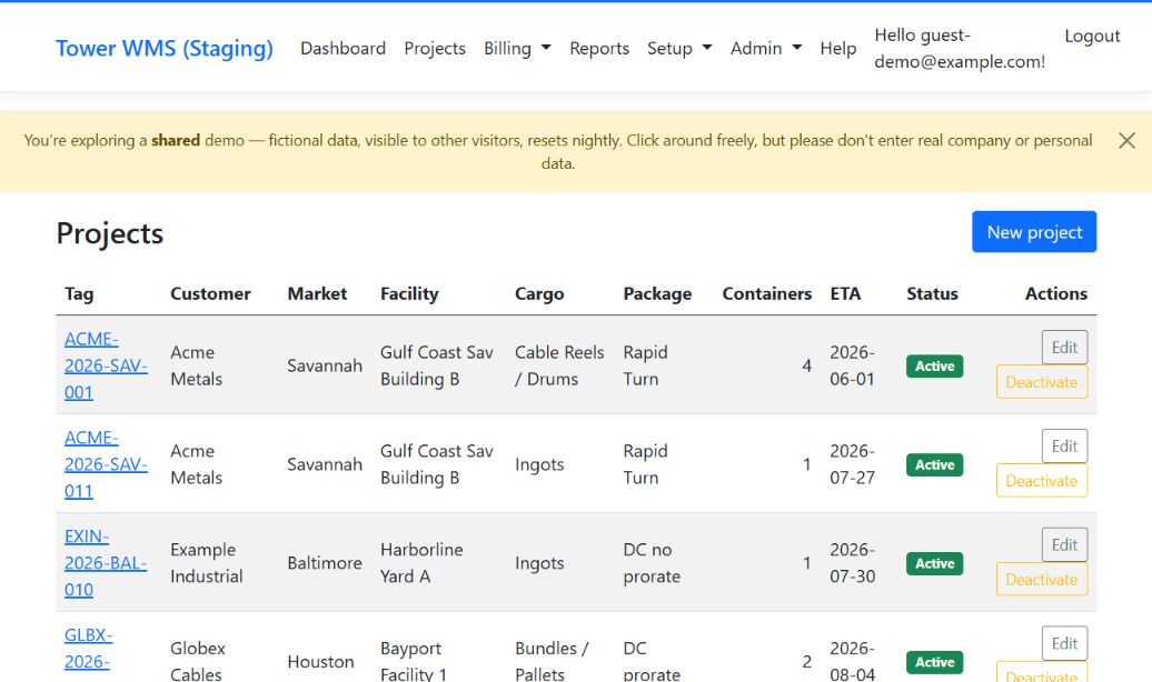 The Tower WMS Projects table: rows of fictional project tags with customer, market, facility, cargo type, billing package, container count, ETA, and status.
